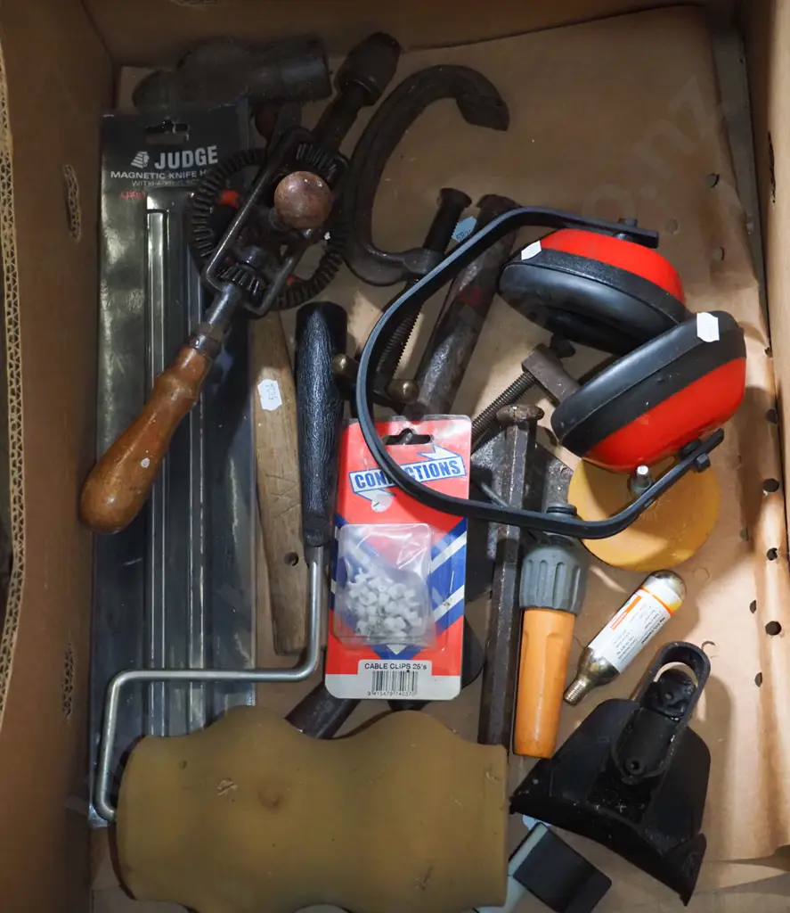 box of tools; ear muffs,ball peen hammer etc Image 1++