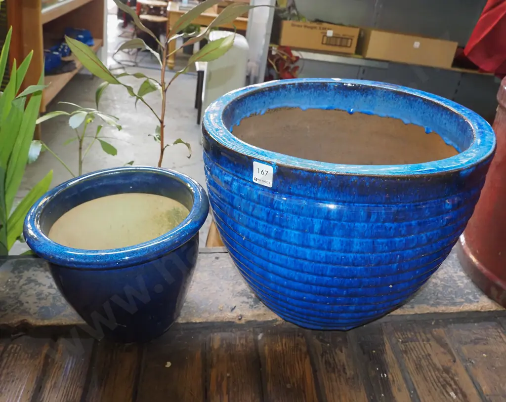 2x blue glazed planters Tallest H-310 Diam-280 Image 1++