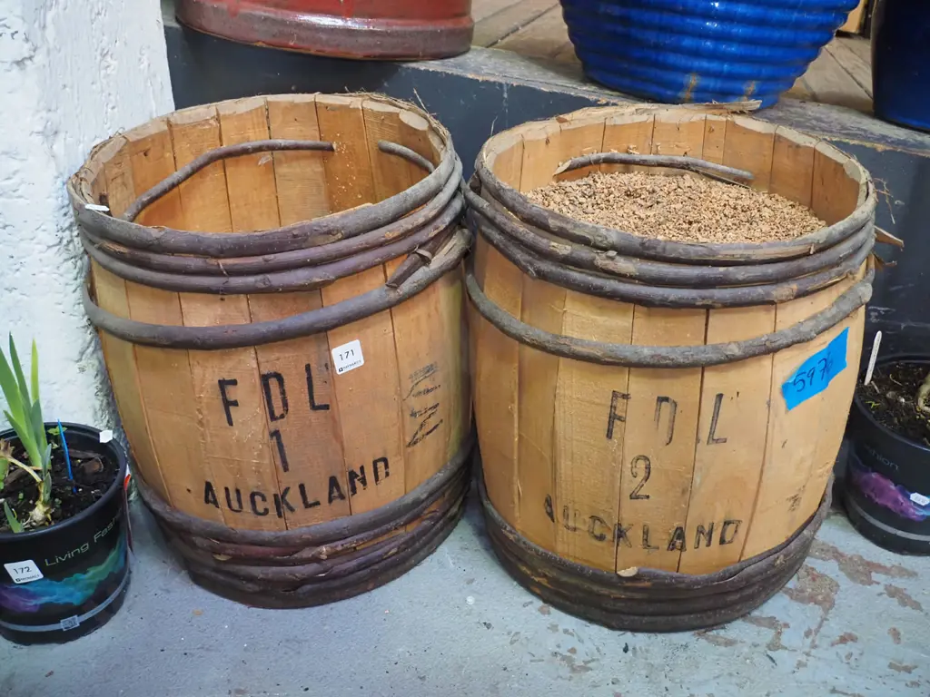2x vintage barrels of crushed cork (grape carrying) Image 1++