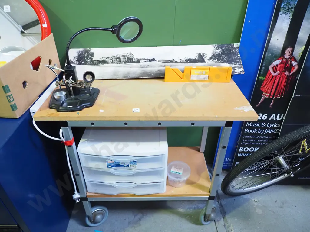 craft table on casters with plastic drawers, mitre box, soldering iron station Image 1++