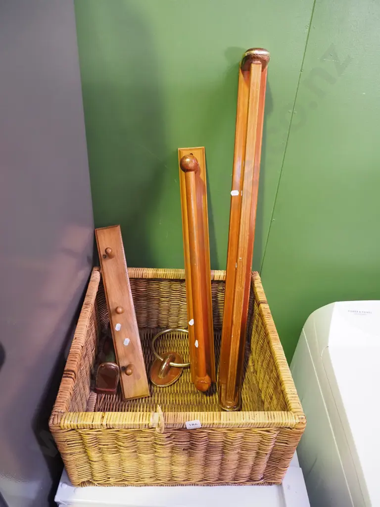 square cane basket with coat hooks, towel rails etc Image 1++
