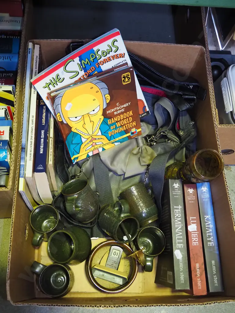 box; calendar, books, pottery coffee mugs etc Image 1++