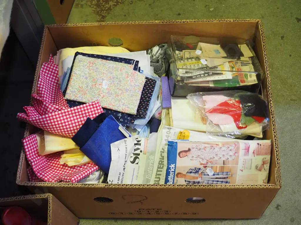 box; sewing patterns, fabric etc Image 1++