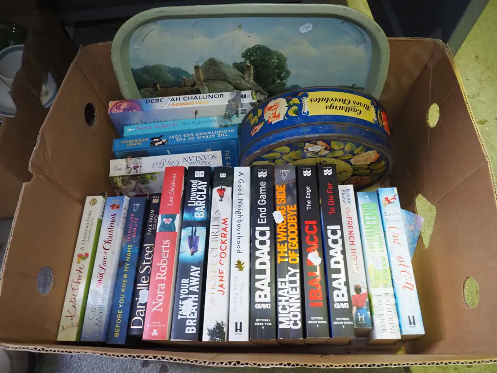 box of books, vintage tin, tray Image 1++