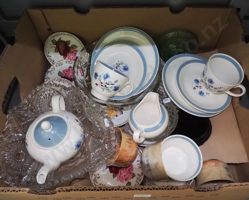 box; tea pot, creamer, sugar, cut glass bowl etc Image 1++