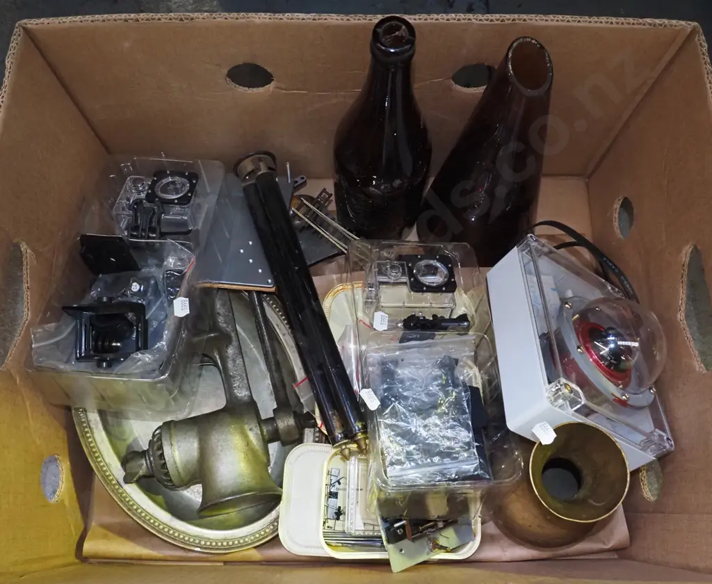 box; brass vase, security camera, bottles, mincer etc Image 1++