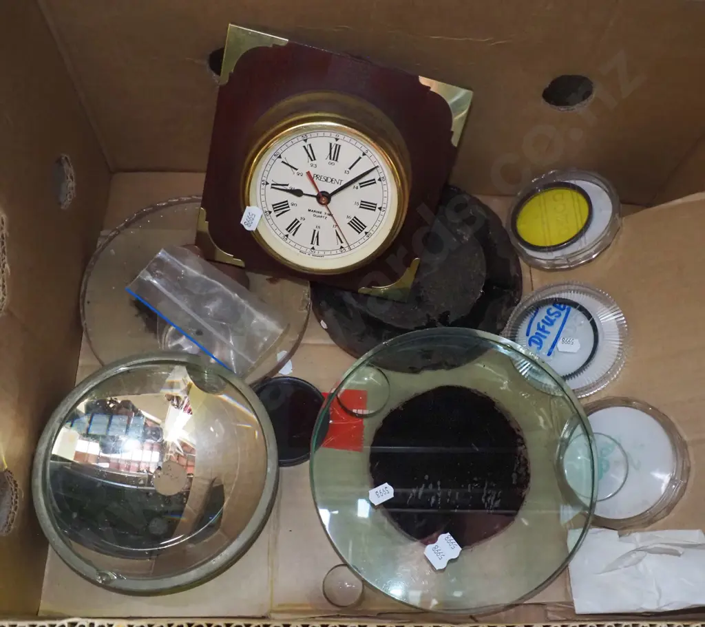box; various lenses, reproduction wall clock etc Image 1++