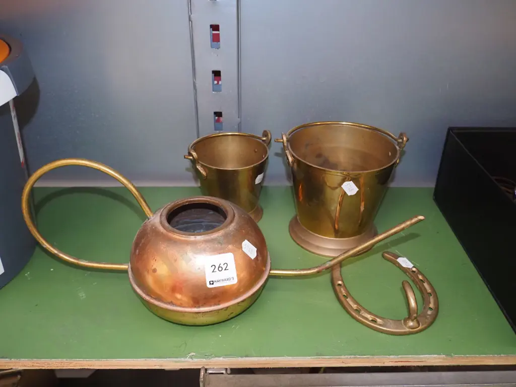 copper watering can, small brass pails, horse shoe coat hook Image 1++