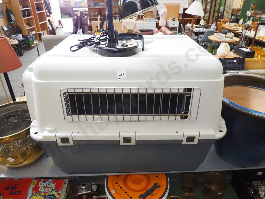 plastic pet carrier, desk lamp Image 1++
