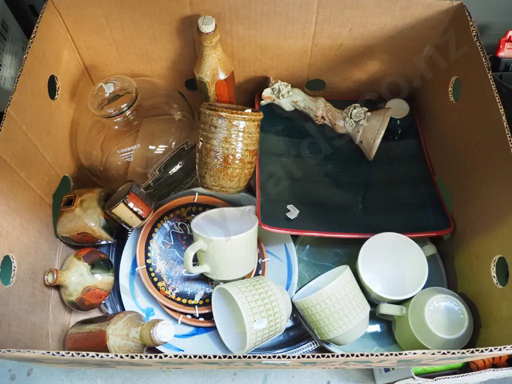 box; glass cover domes, vinegar bottles, Crown Lynn tea cups etc Image 1++