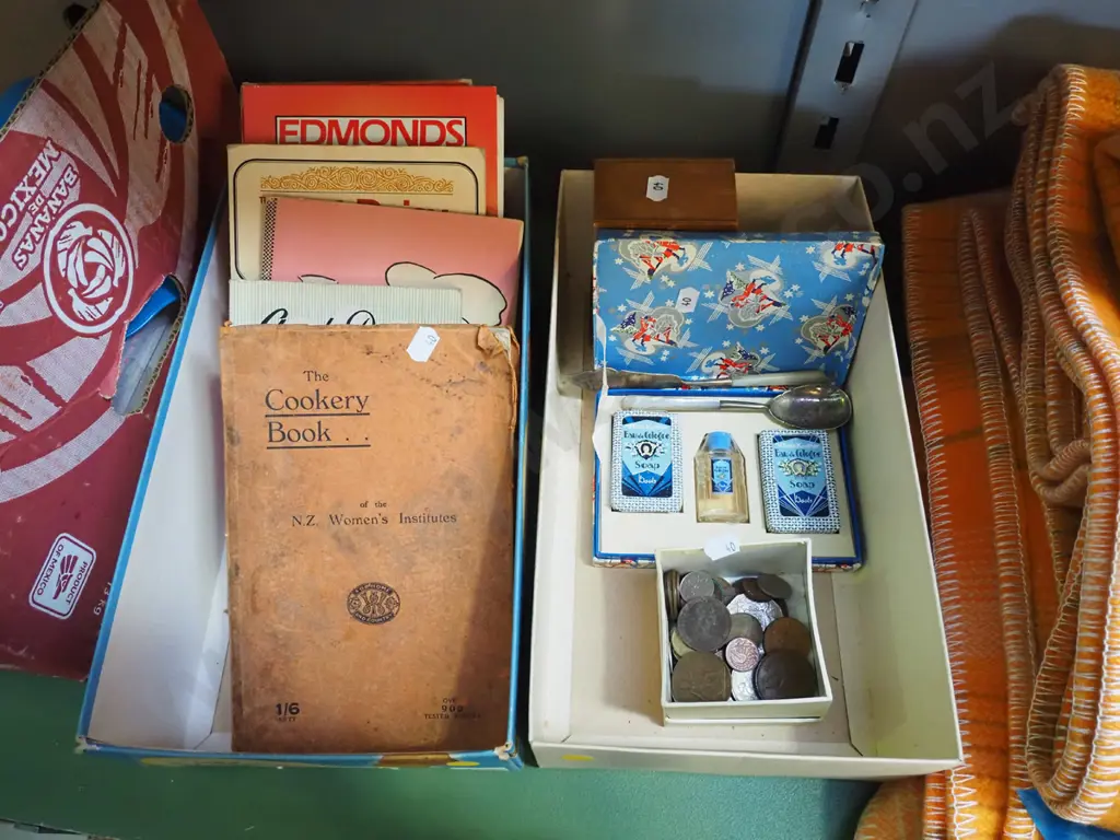 2x boxes; cookbooks, coins, toiletries - yellow dots Image 1++