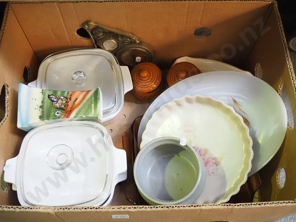 box; lidded casseroles, wall clock, baking dishes, vase etc Image 1++