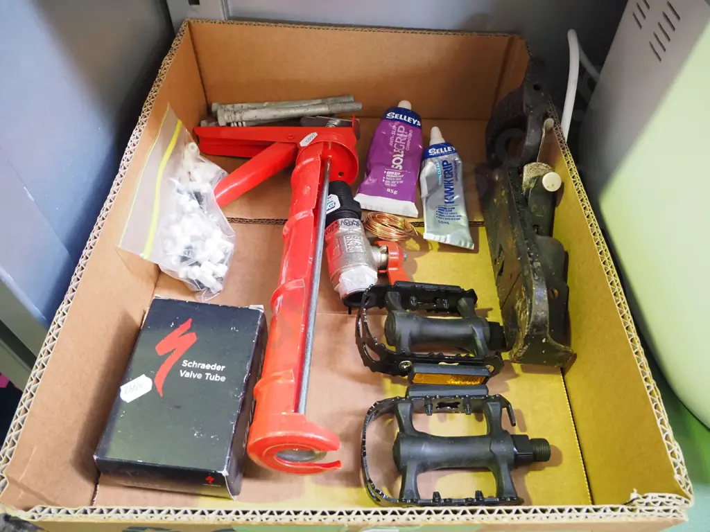 box; rebate plane, bike pedals, caulking gun etc Image 1++