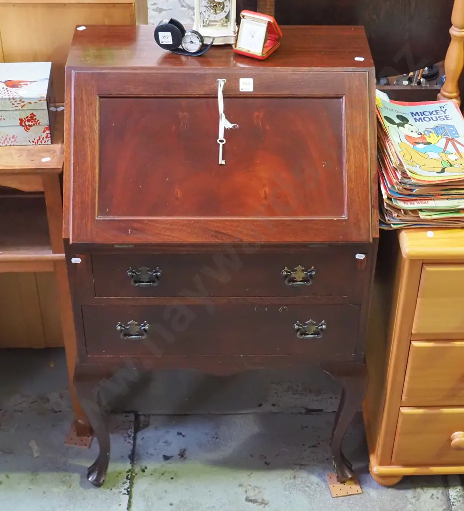 mahogany cab leg 2 drawer drop front writing desk - keys in office Image 1++