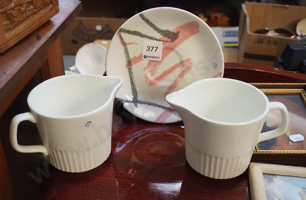 unusual graffiti Crown Lynn saucer, 2x Apollo milk jugs Image 1++