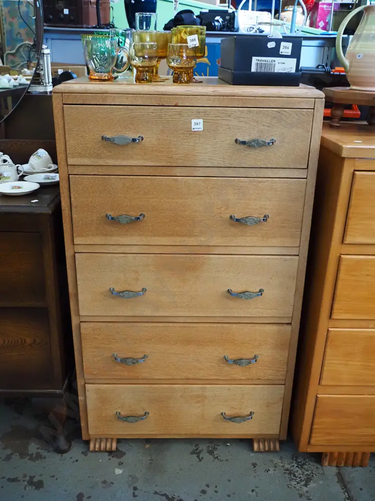 oak 5 drawer tall boy -  varnish needs attention H-1040 W-620 D-430 Image 1++