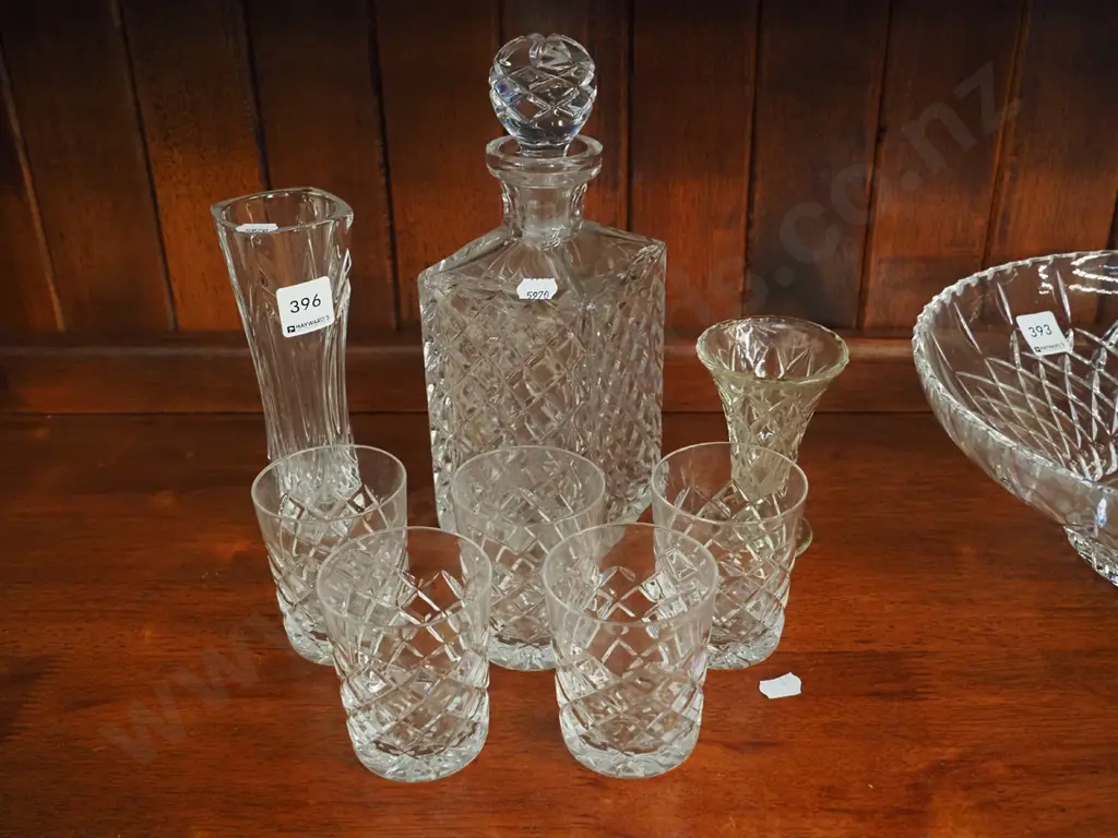 decanter, cut crystal whisky tumblers, 2x vases Image 1++