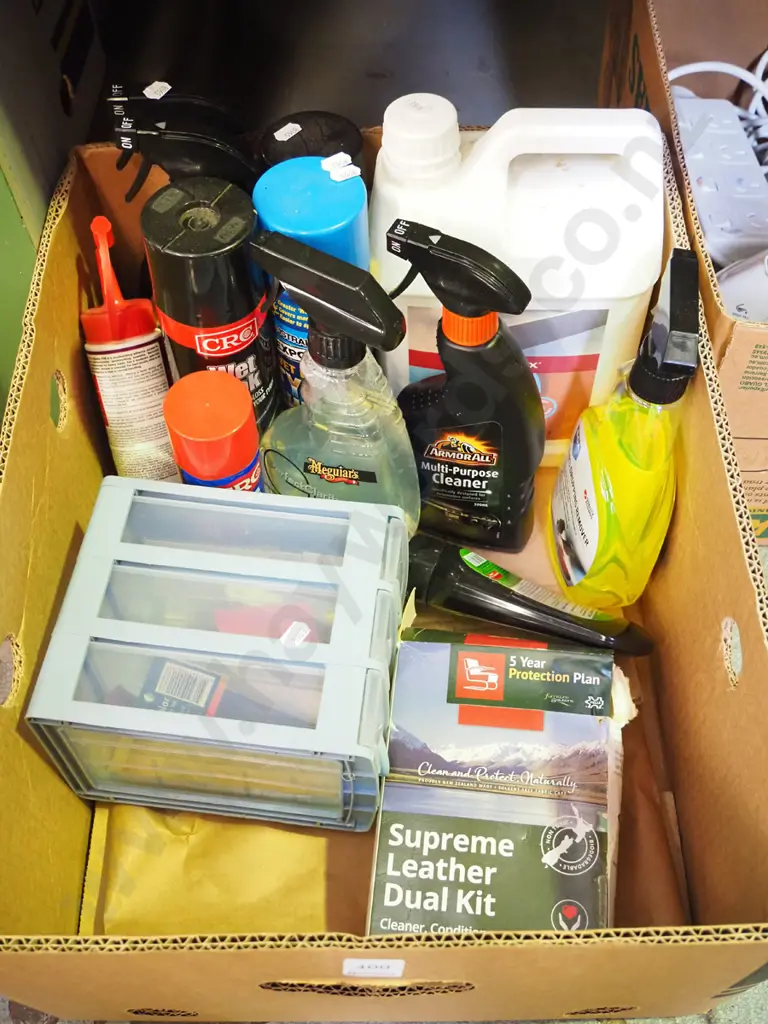 box; cleaning supplies, small set of plastic drawers, leather care kit etc Image 1++