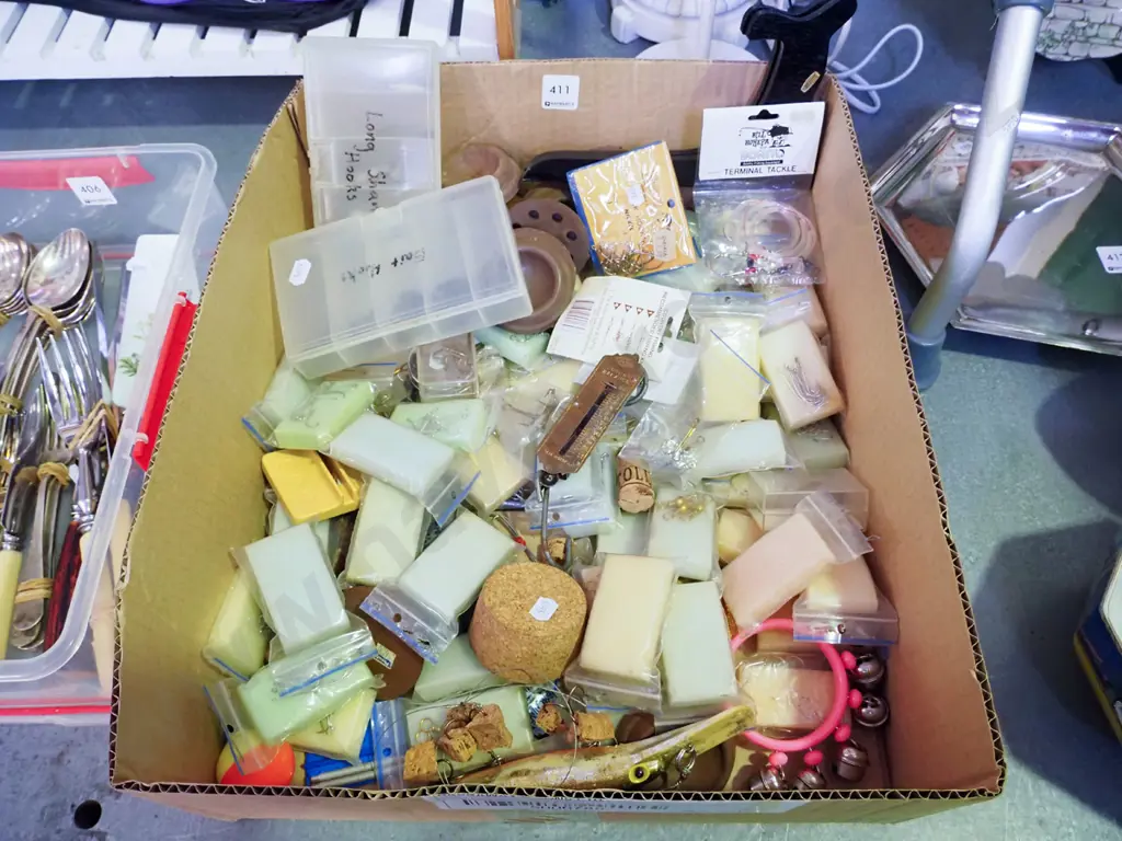 box; fishing hooks, spring scales, furniture feet, plate stand etc Image 1++