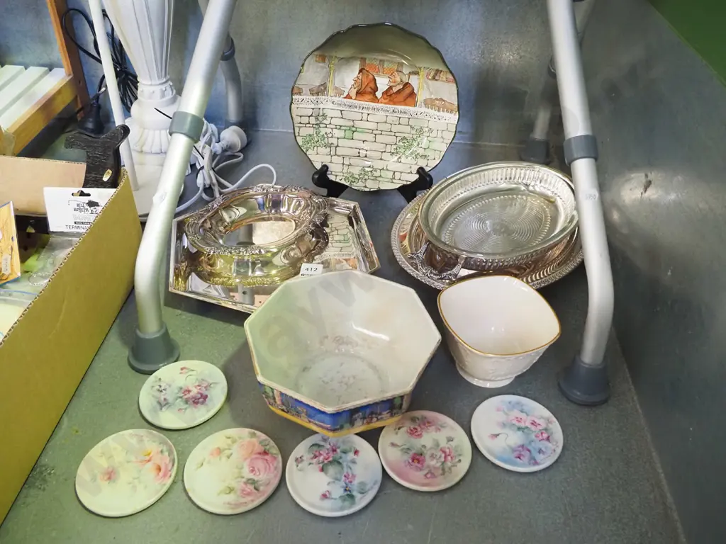 plated trays, ceramic floral coasters, Royal Doulton jackdaw plate etc Image 1++