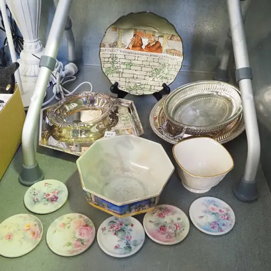 plated trays, ceramic floral coasters, Royal Doulton jackdaw plate etc