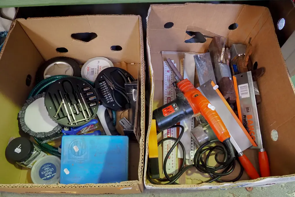 2x boxes; roofing screws, hand saws, moulding planes, tool sets etc - orange dots Image 1++