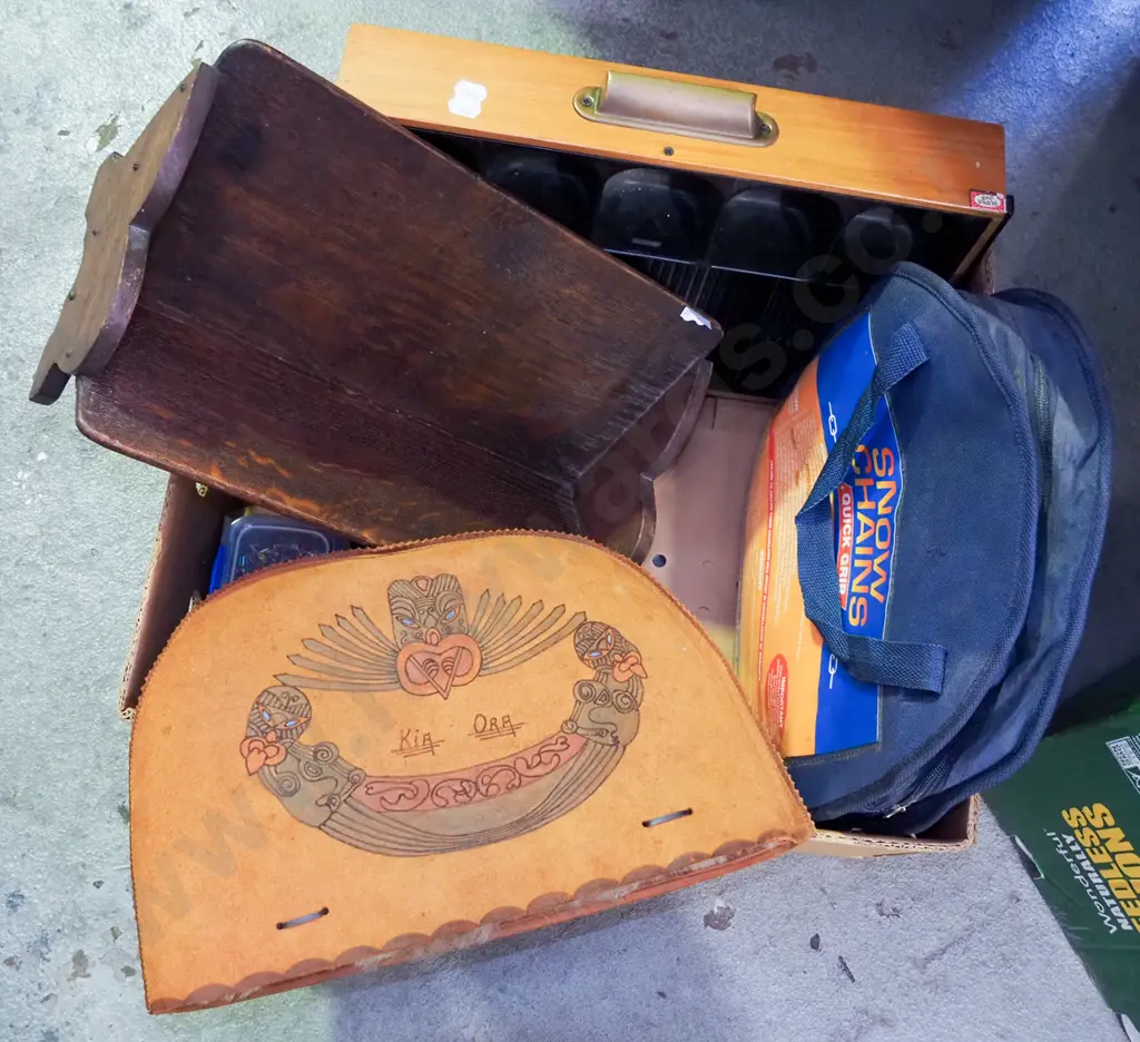 box; wooden bookcase, drawer from vintage till, snow chains etc Image 1++