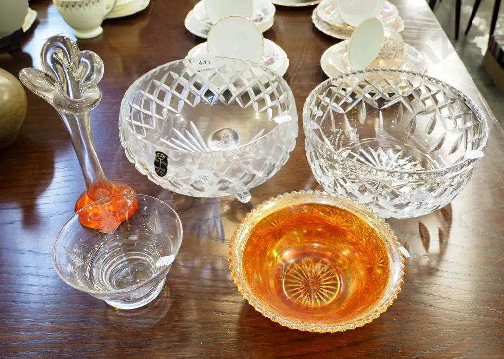 carnival glass bowl, glass vase, 2x crystal bowls, small glass bowl Image 1++