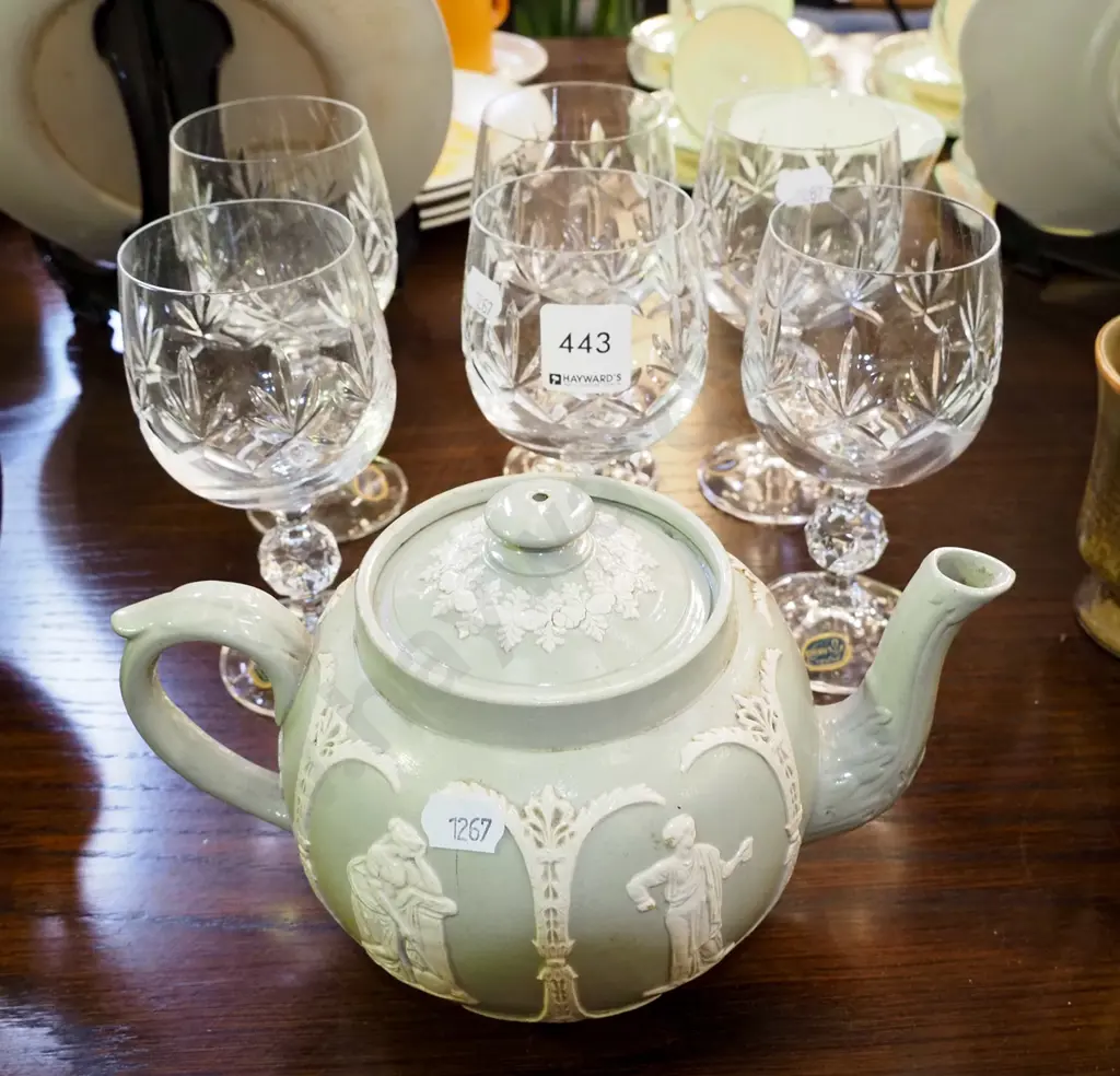 6x cut crystal wine glasses, jasperware style teapot Image 1++