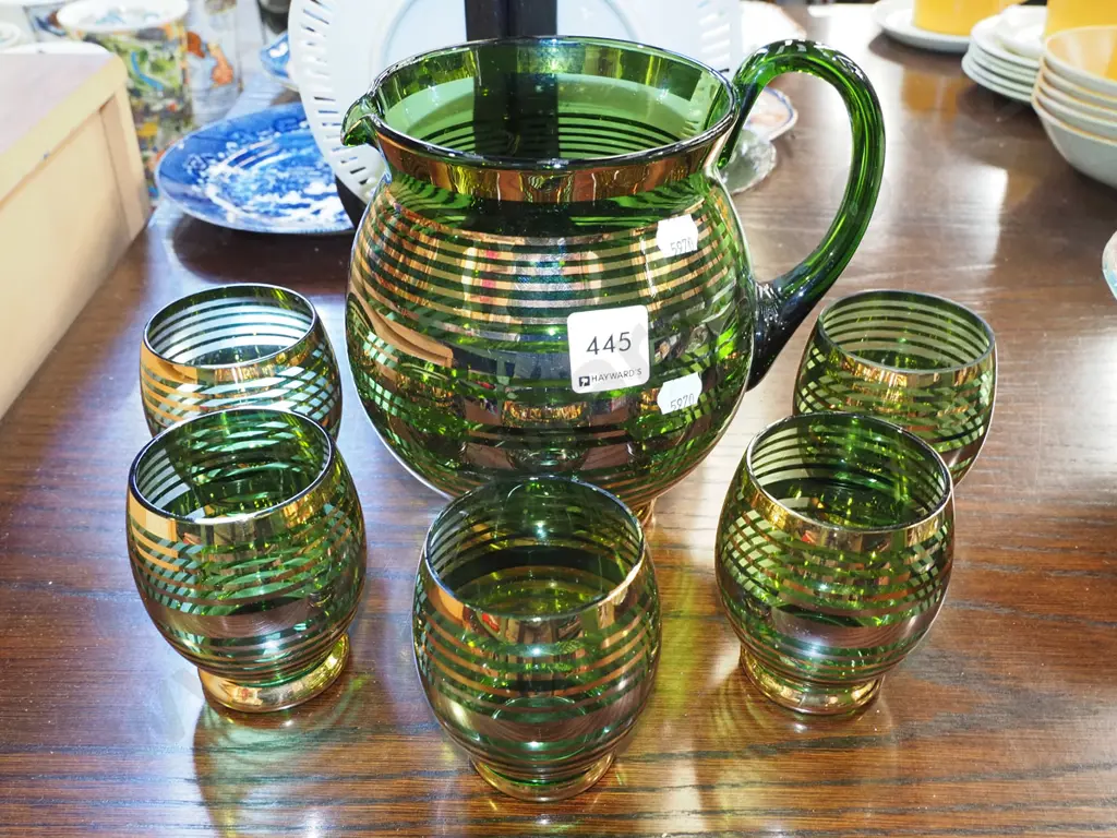 green and gold glass water set - missing 1 glass Image 1++