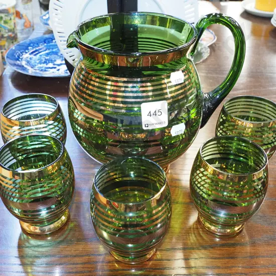 green and gold glass water set - missing 1 glass