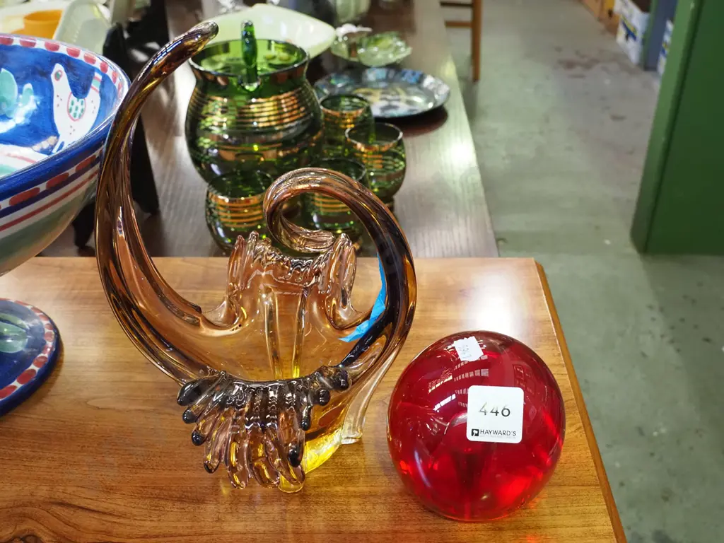 red glass paper weight, amber glass basket - repair Image 1++