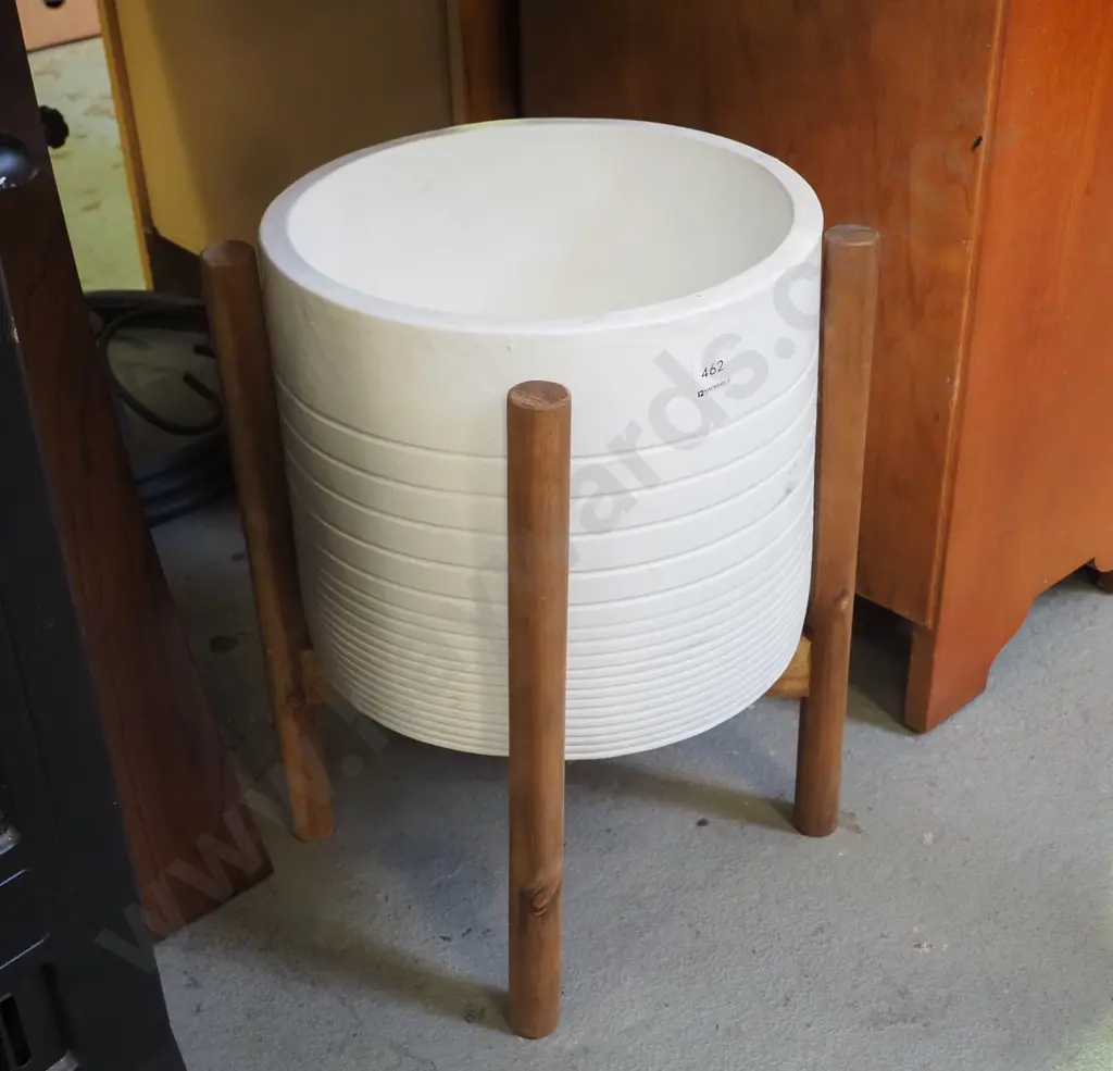 white ceramc jardiniere on wooden stand H-460 Diam-310 Image 1++