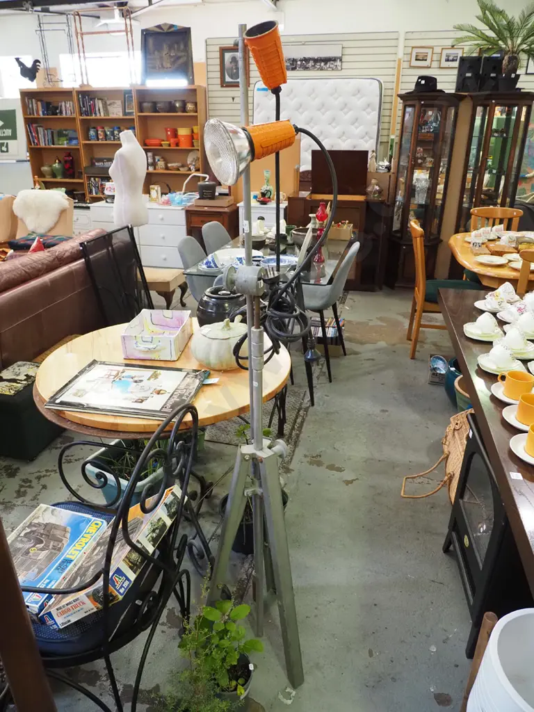 industrial mid-century twin bulb lights on tripod Image 1++