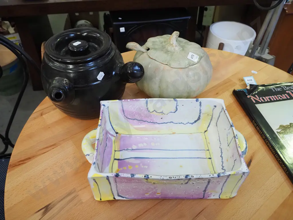 studio pottery baking dish, pumpkin themed soup tureen, pouring pot Image 1++