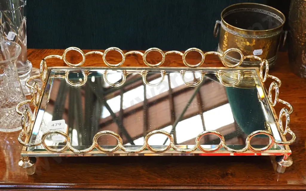 mid-century brass and mirrored bevelled glass tray Image 1++
