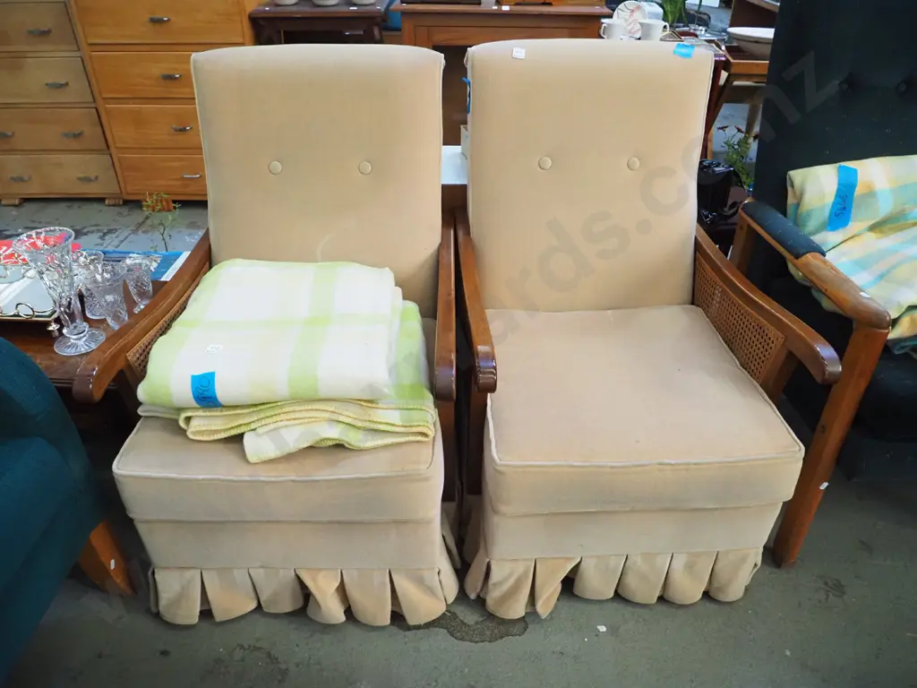 2x deep buttoned bergere armchairs - some fading to upholstery Image 1++