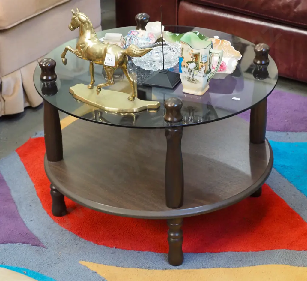 circular wood and smoked glass 2 tier end table Image 1++