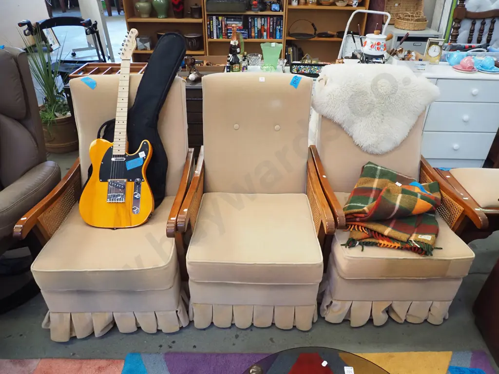 3x deep buttoned and bergere armchairs - some fading to upholstery Image 1++