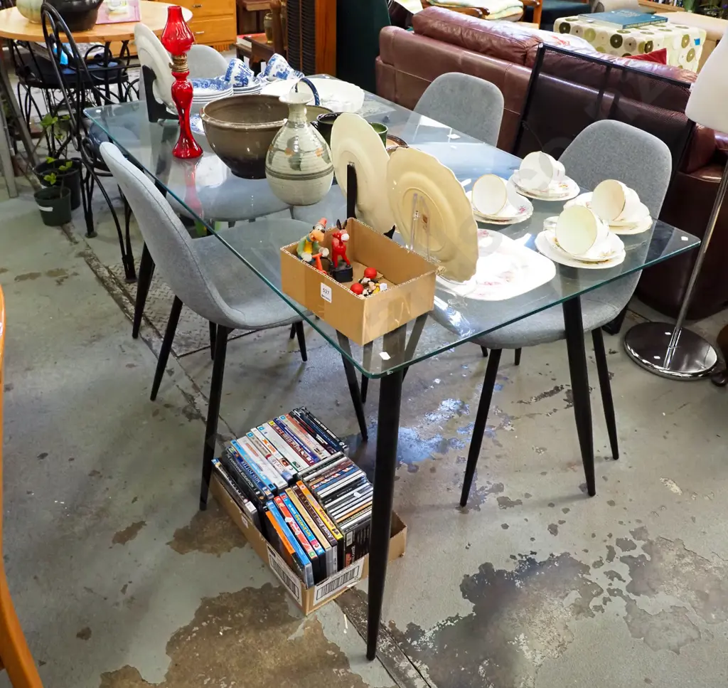 modern glass top table with 4 grey upholstered chairs H-750 W-1400 D-800 Image 1++