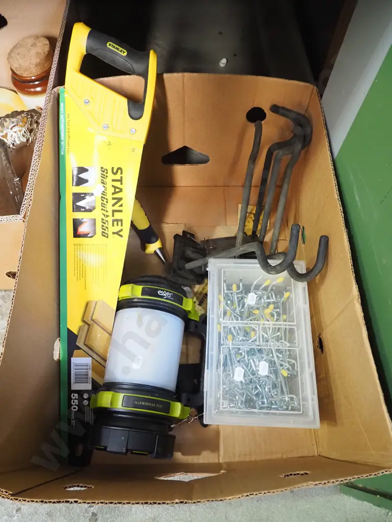 box; hand saw, peg board hooks, bike hooks etc Image 1++