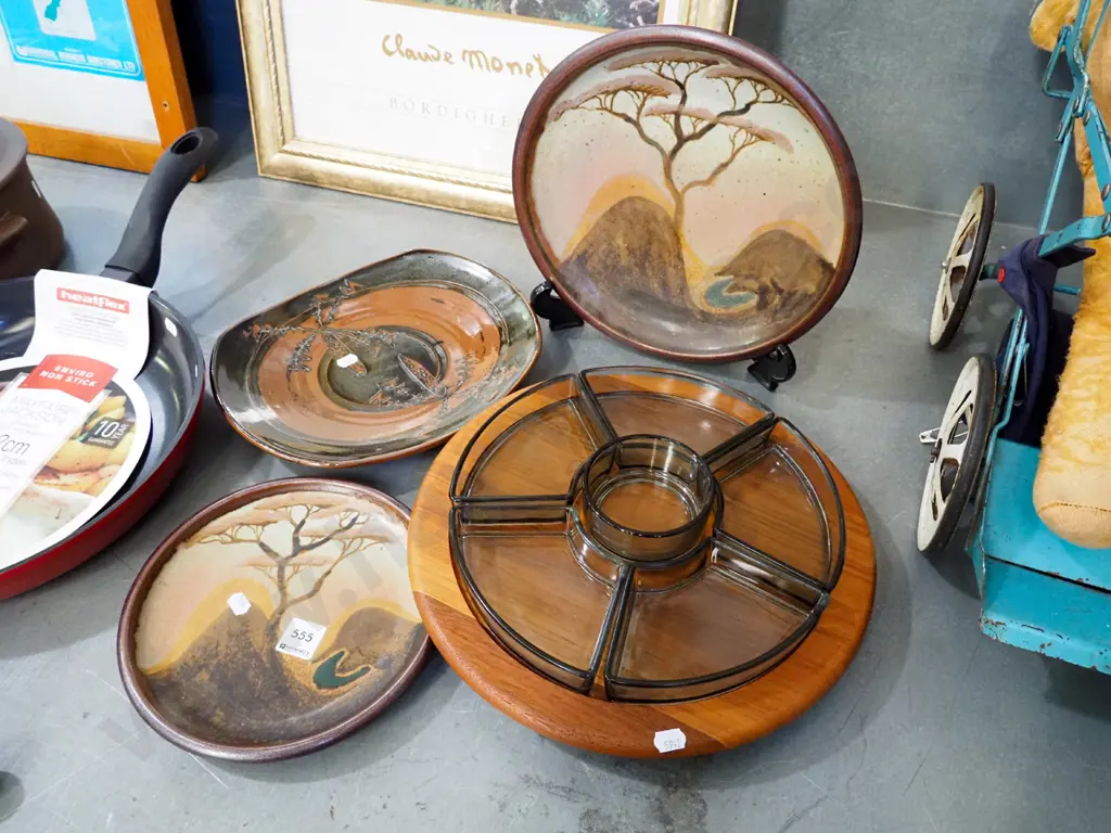 3x studio pottery plates, wood and glass serving dish  Image 1++
