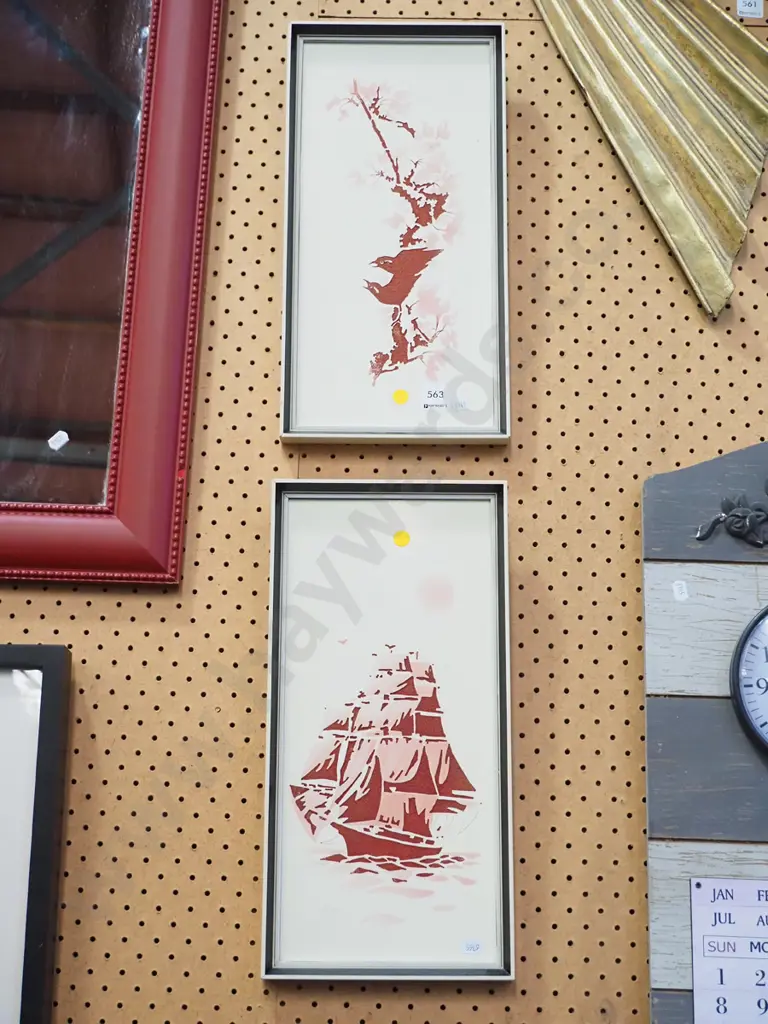 2x framed prints - birds, sailing ships- yellow dots Image 1++