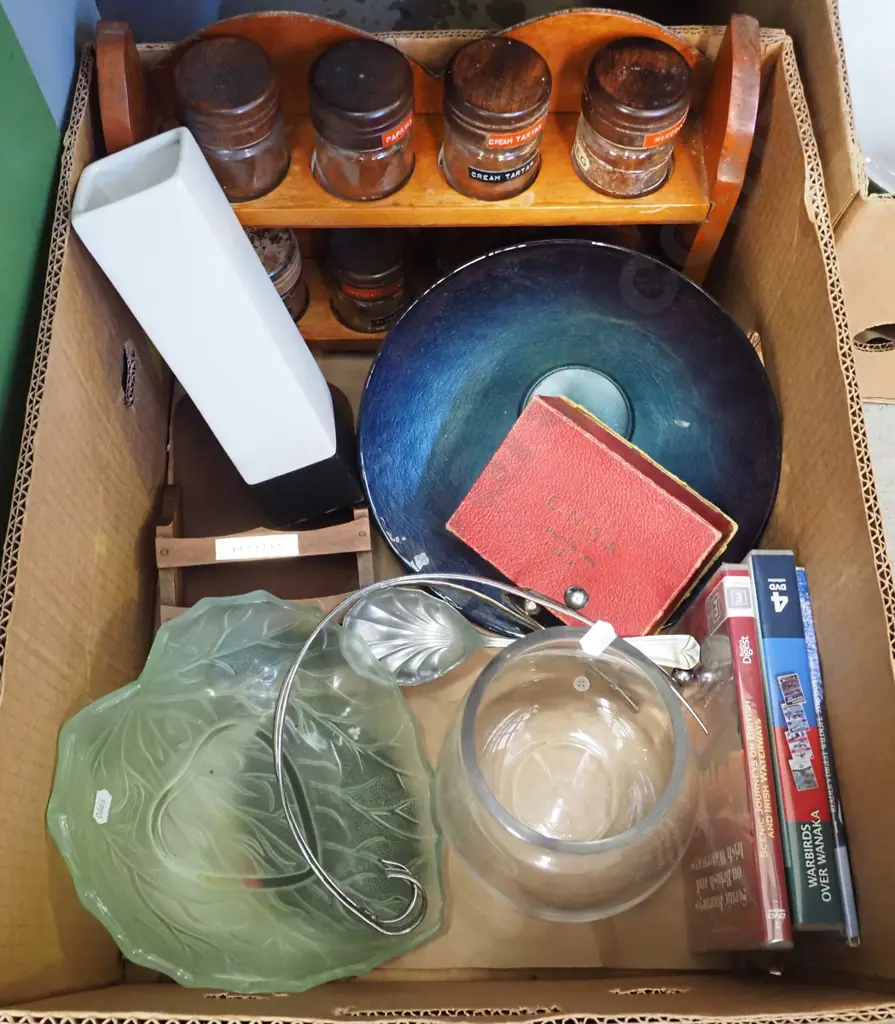 box; glass bowl, playing cards, spice rack, DVDs etc Image 1++