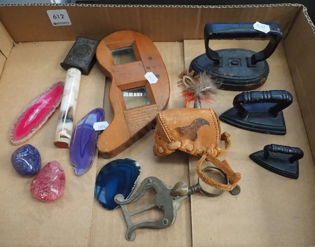 box; miniature sad irons, sheet music clip, magnifying glasses etc Image 1++