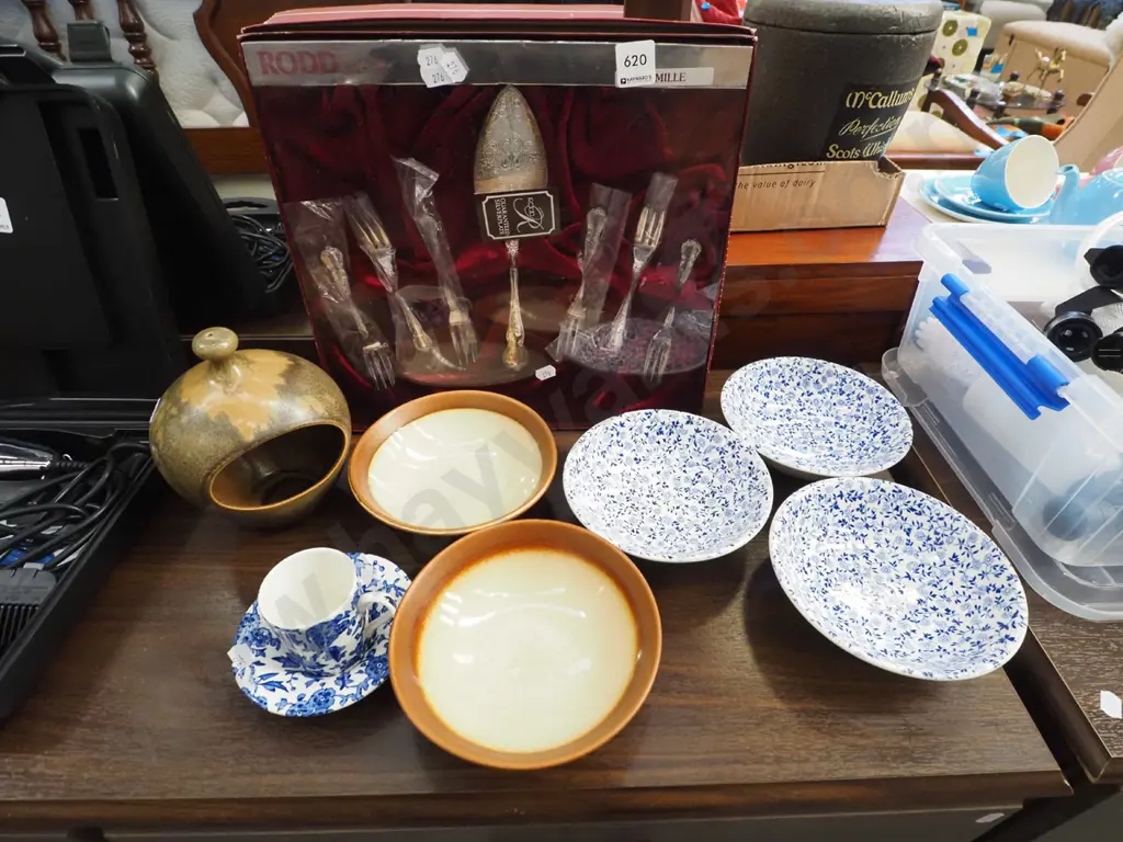 cased Rodd cutlery, salt pig, bowls, demi-tasse cup and saucer Image 1++