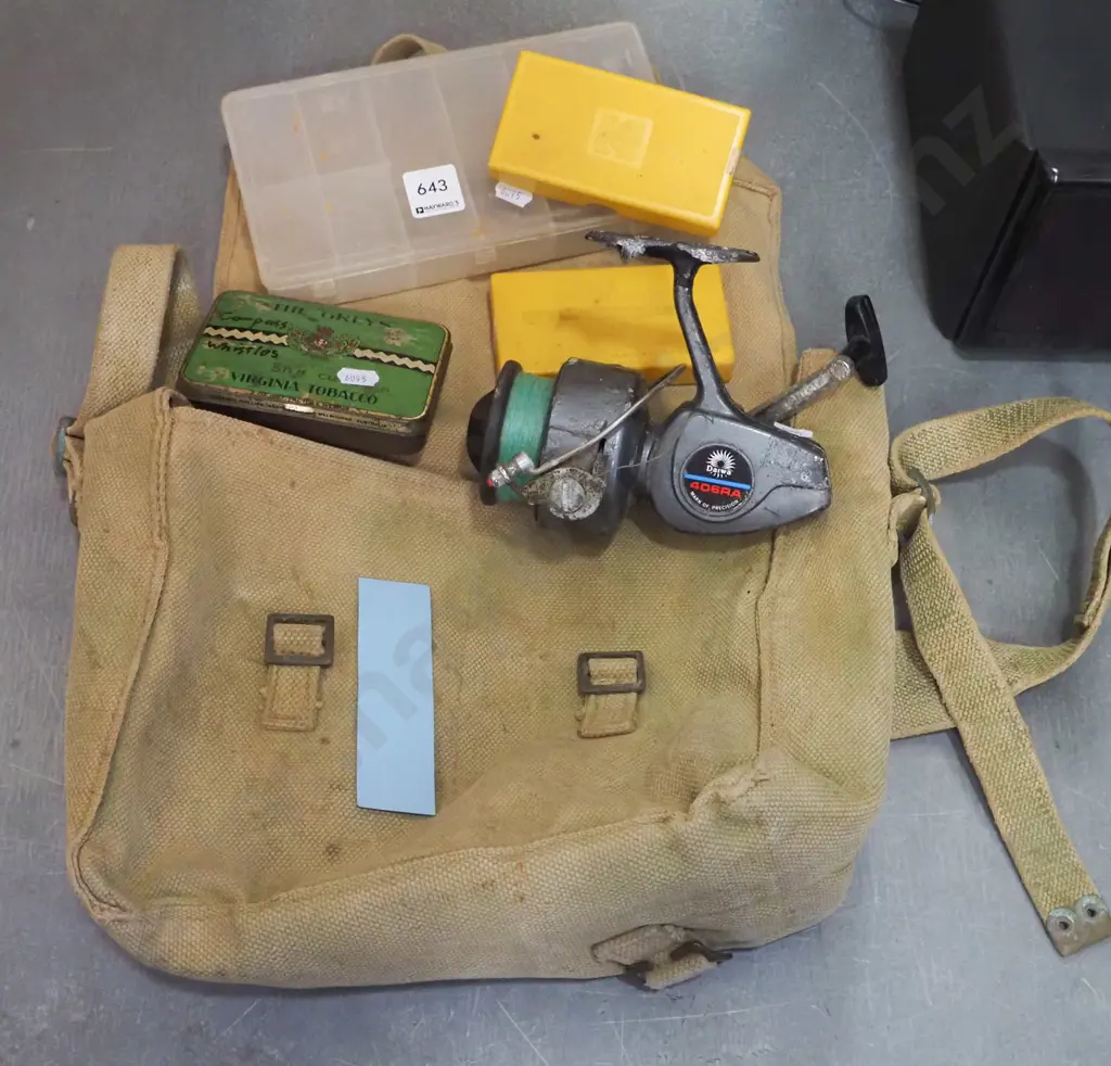 fishing bag with tackle boxes, vintage reel Image 1++