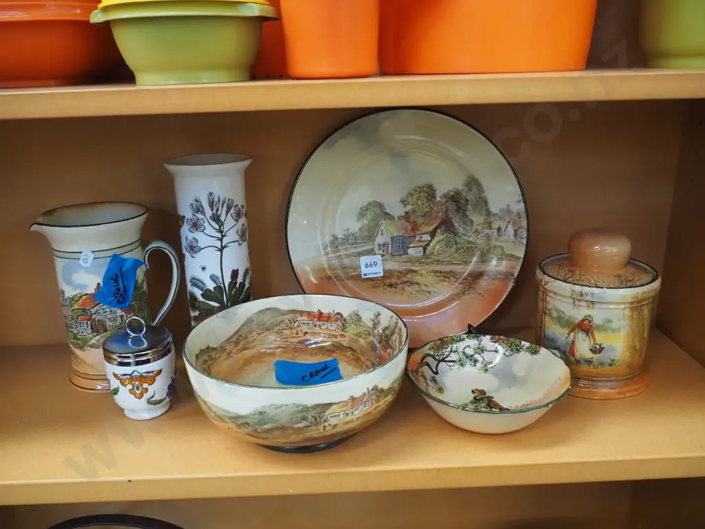 shelf; Doulton items, Worcester egg coddler, Portmeirion vase - some items have chips and cracks Image 1++