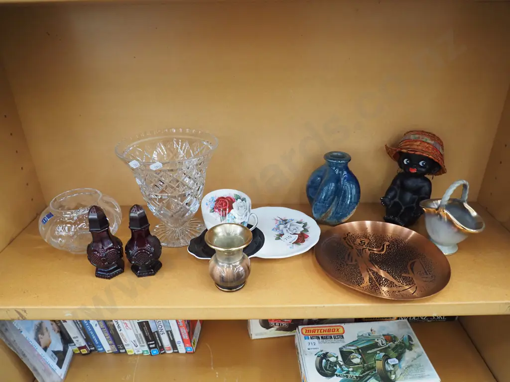 shelf; ruby glass salt and pepper, copper bowl etc Image 1++