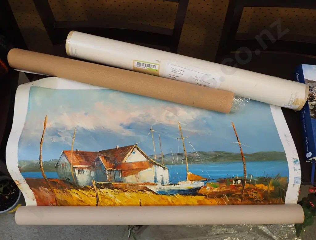 2x rolled paintings on canvas - still life and boat scene Image 1++